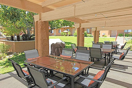 Large outdoor seating with tables, chairs, and grill