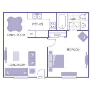 1 bed 1 bath floor plan, kitchen and dining room, living room, 1 closet