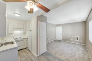 Interior Unit Kitchen, White appliances, open floor plan, neutral toned carpeting in attached living room area. Ceiling fan/lights in kitchen area, laminate countertops.